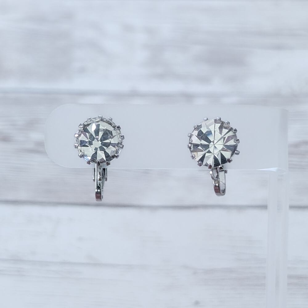 Vintage Clip On Earrings Just Under 1/2" Clear Gem Stylish Regal